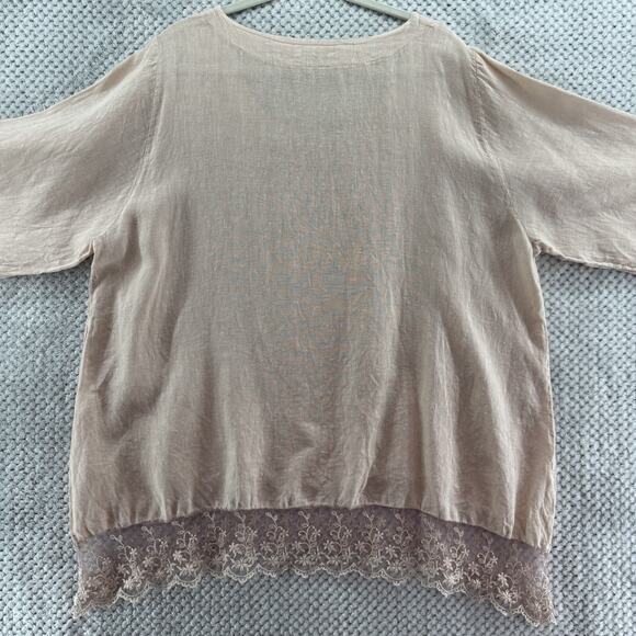 Stella Martini Top 1X Blush Pink Linen Pullover Scoop Neck Lace Shark Bite Hem - Picture 8 of 13